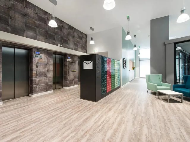 Elevator bank post box seating area lobby at Yugo Beckley Point in Plymouth Student Accommodation