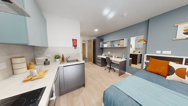 Kitchen sink desk bed and wardrobe studio at Enso in Colchester Student Accommodation