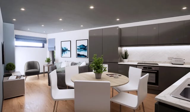 Dining table chairs sofa kitchen living room at Boutique Student Living - Exeter in Exeter Student Accommodation