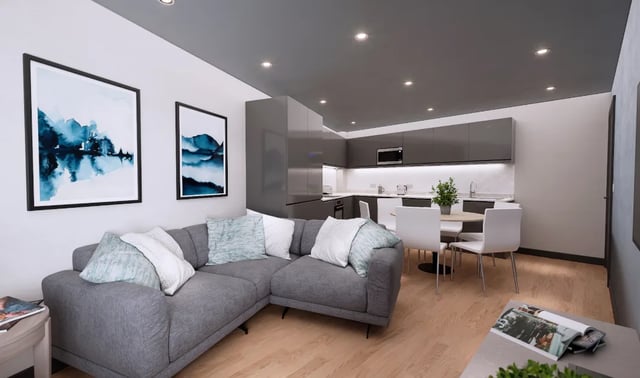 Sofa kitchen dining table chairs modern living area at Boutique Student Living - Exeter in Exeter Student Accommodation