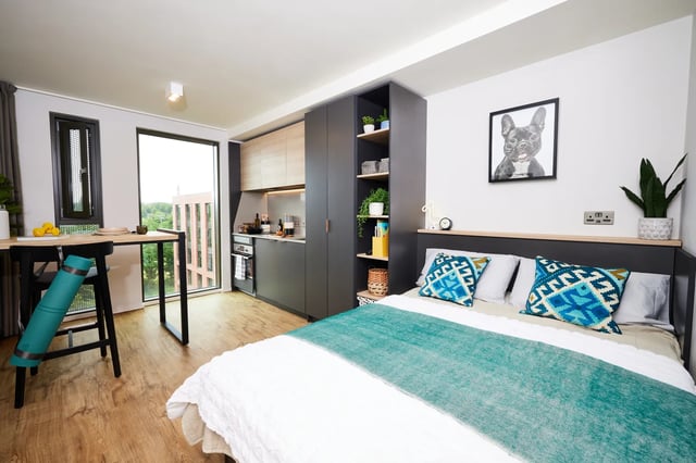 Bed kitchen area with dog art and mat Bedroom at Vita Student Pebble Mill in Birmingham Student Accommodation