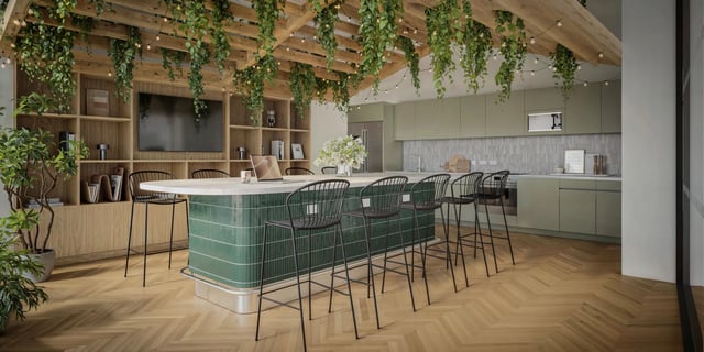 Modern communal kitchen with island and bar stools kitchen at Canvas Capital House in Southampton Student Accommodation