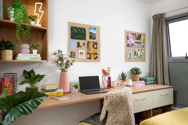 Desk with laptop plants and photos Study area at Charlton Court in Bath Student Accommodation