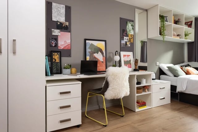 Desk laptop chair bed shelves bedroom at St Vincents Place in Sheffield Student Accommodation