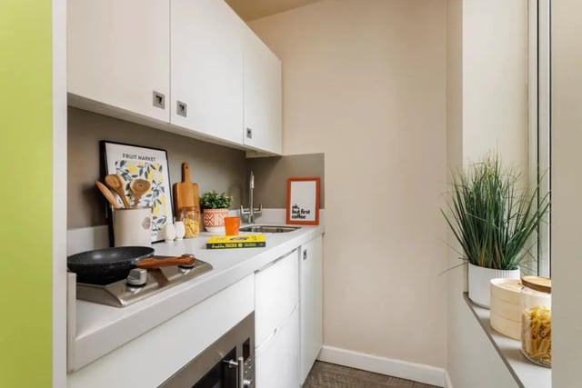 Kitchen with cabinets sink and stove kitchen at Quay Point Studios in Newcastle Upon Tyne Student Accommodation