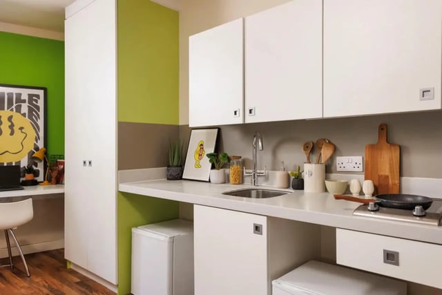 Kitchen sink counter with cabinets and appliances kitchen at Quay Point Studios in Newcastle Upon Tyne Student Accommodation