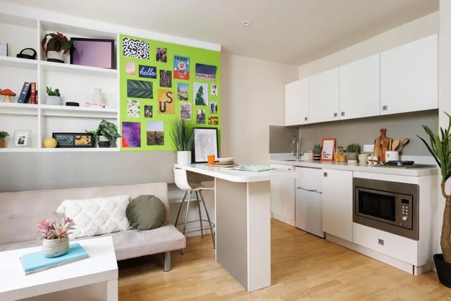 Sofa kitchen counter and shelving unit studio at Quay Point Studios in Newcastle Upon Tyne Student Accommodation