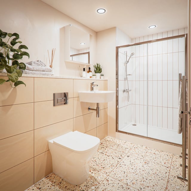 Toilet sink shower plant towels and diffuser Bathroom at Burnet Point in Edinburgh Student Accommodation
