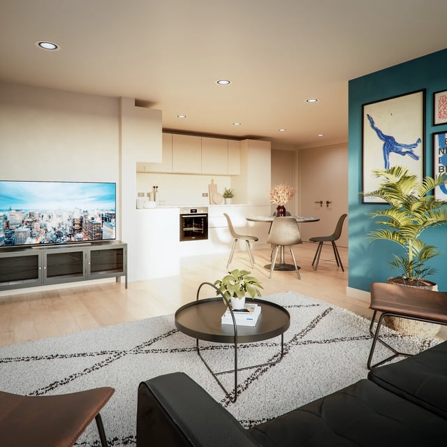 Sofa coffee table chairs television kitchen area living room at Burnet Point in Edinburgh Student Accommodation