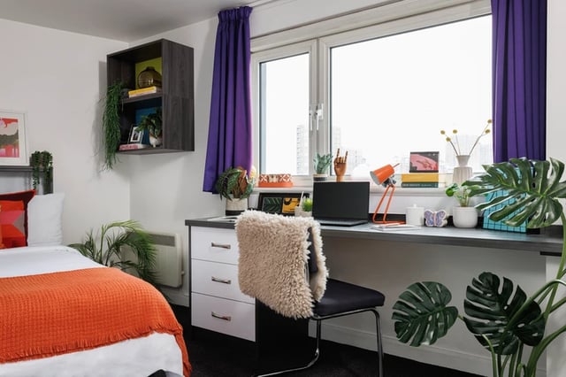 Bed desk plants window computer desk bedroom at Hepworth Lodge in Leeds Student Accommodation