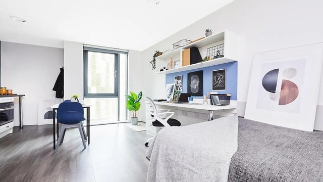 Desk bed and chairs in modern student room at Granary Studios in Chester Student Accommodation