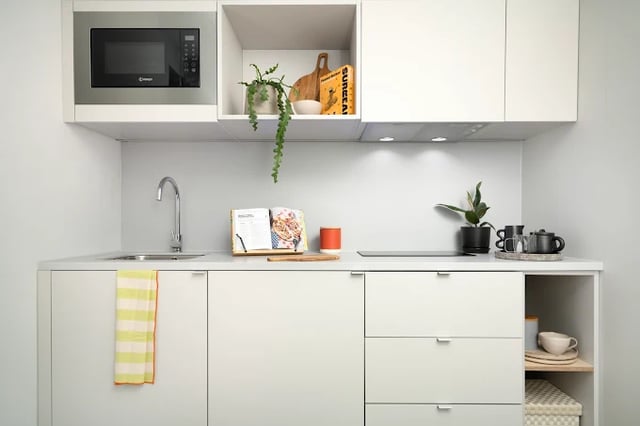 Microwave sink cookbook and kettle kitchen at Scape Leeds in Leeds Student Accommodation