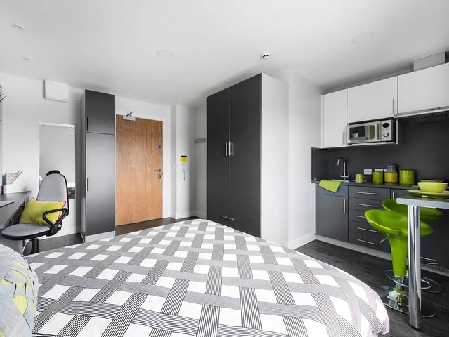 Bed with kitchen and desk studio apartment at Yugo Austen House in Southampton Student Accommodation