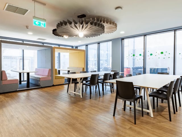 Booths tables and chairs communal area at The Oldway Centre in Swansea Student Accommodation