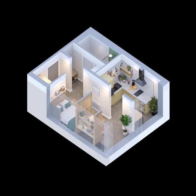 Bed kitchen study area and living room floor plan at The Exchange in Bath Student Accommodation