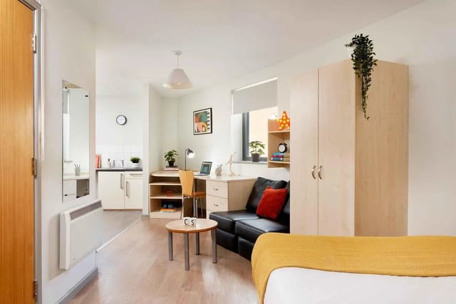 Desk couch wardrobe bed and kitchen studio apartment at Discovery Heights in Plymouth Student Accommodation