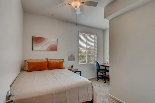 Bed desk and chair bedroom study area at Cerca in San Diego Student Accommodation