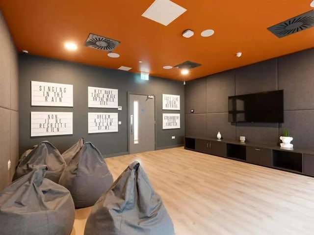 Beanbags and movie screen in lounge room at Brickworks in Dublin Student Accommodation