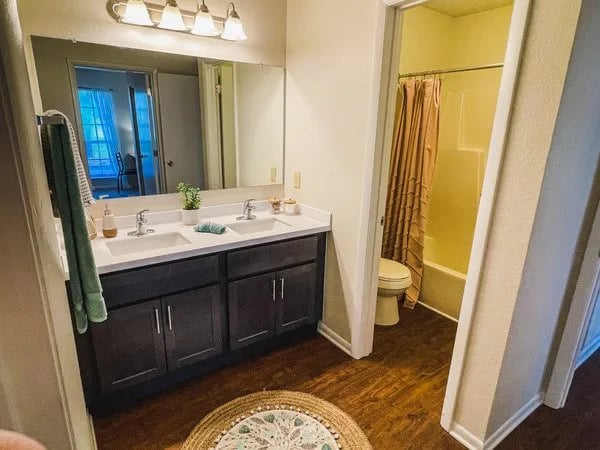Double vanity toilet shower with curtain Bathroom at Alight Blacksburg in Blacksburg Student Accommodation
