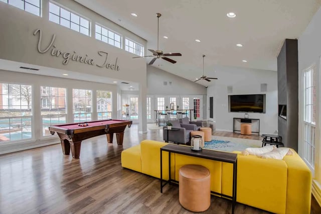 Billiard table seating area and television living room at Alight Blacksburg in Blacksburg Student Accommodation