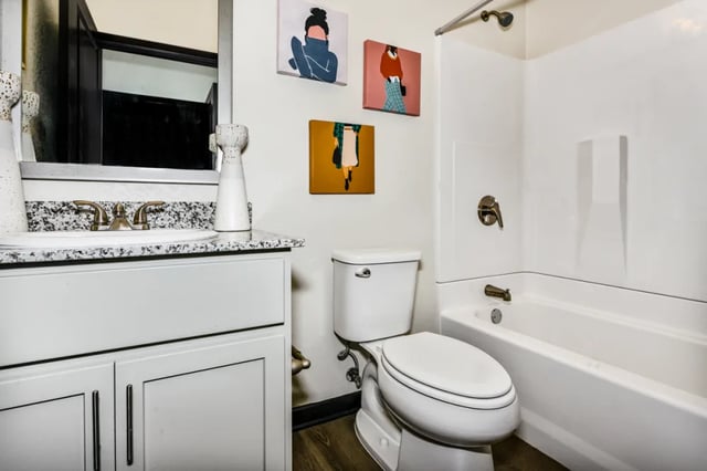 Sink toilet bathtub with artwork bathroom at Altitude at Wichita in Wichita Student Accommodation