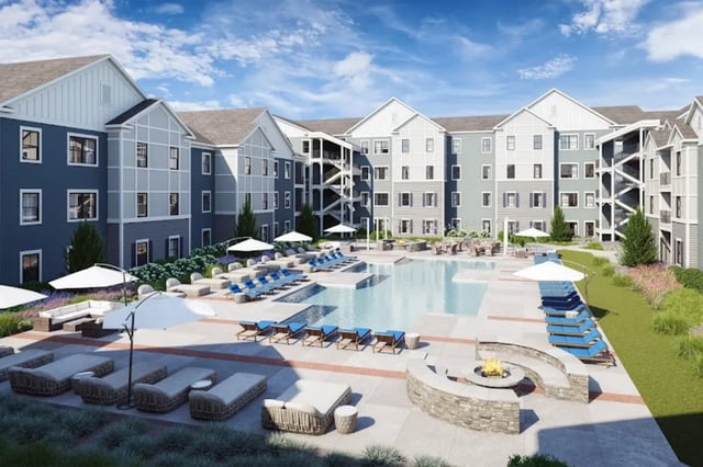 Apartment buildings pool lounge chairs fire pit exterior at Altitude at Wichita in Wichita Student Accommodation