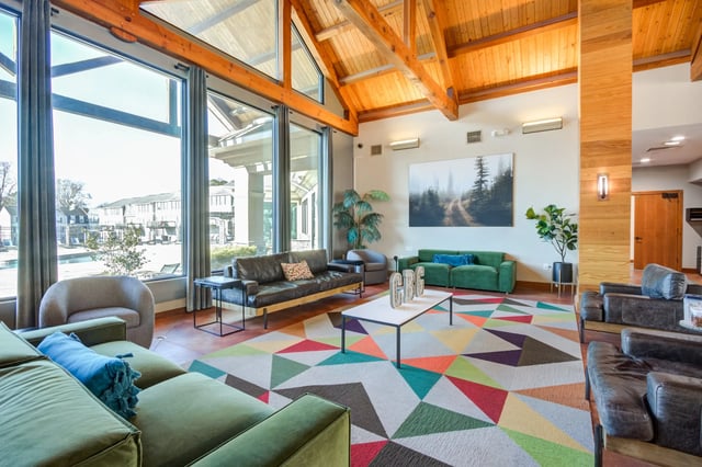 Colorful rug with sofas and large windows living room at Copper Beech Townhomes - Greenville in Greenville Student Accommodation