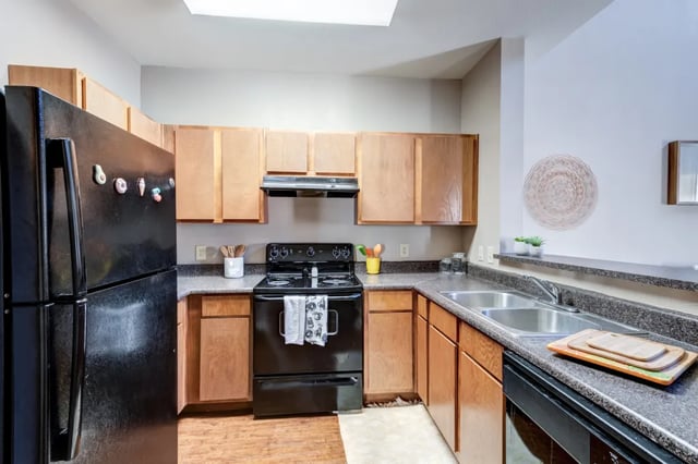 Black refrigerator, oven, sink, cabinets kitchen at Cambridge @ Southern - The Palms in Statesboro Student Accommodation