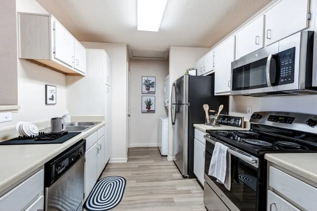 White cabinets stainless steel appliances kitchen at Cambridge @ Southern - The Palms in Statesboro Student Accommodation