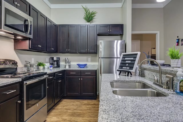 Dark cabinets stainless steel appliances granite countertops kitchen at Ion Baton Rouge in Baton Rouge Student Accommodation
