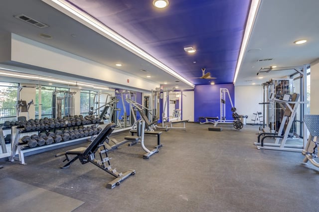 Dumbbells weight machines and benches Gym at Ion Baton Rouge in Baton Rouge Student Accommodation