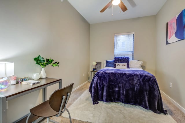 Bed desk chair plants and painting bedroom at Ion Baton Rouge in Baton Rouge Student Accommodation