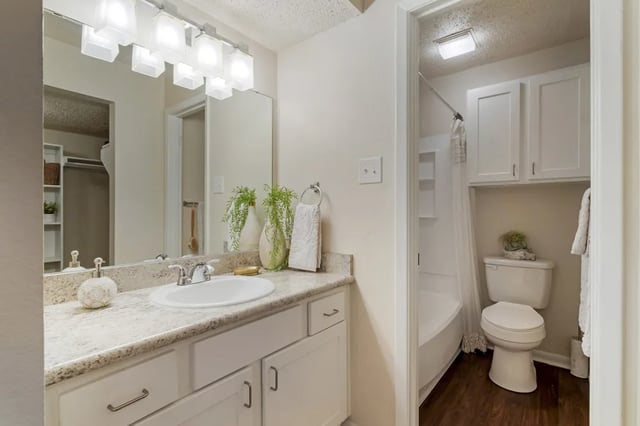 Vanity toilet shower tub bathroom at The Landing at College Station in College Station Student Accommodation