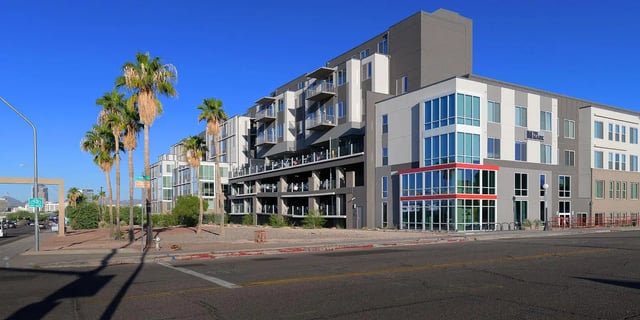Modern apartment building with balconies and windows exterior at The Mark at Tucson in Tucson Student Accommodation