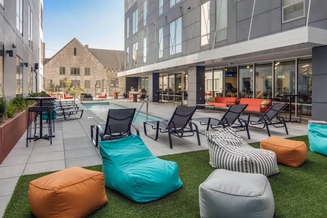 Beanbags pool lounge chairs outdoor lounge exterior at Rise On Chauncey in West Lafayette Student Accommodation
