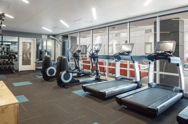 Treadmills ellipticals weight rack fitness center at Rise On Chauncey in West Lafayette Student Accommodation