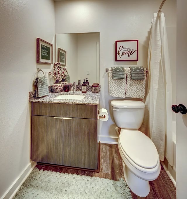 Vanity sink toilet shower curtain bath Bathroom at The Retreat at Denton in Denton Student Accommodation