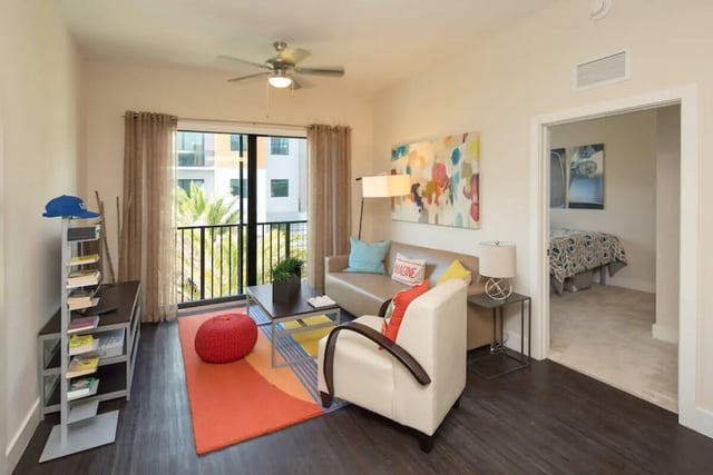 Sofa chairs rug painting living room interior at University Park in Boca Raton Student Accommodation