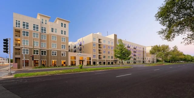 Modern building apartments trees street exterior at The Standard in St. Louis Student Accommodation