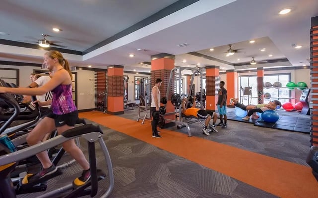 Ellipticals weight machines people exercising gym at The Standard in St. Louis Student Accommodation