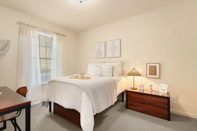 Bed desk and lamp student bedroom at Irish Row in South Bend Student Accommodation