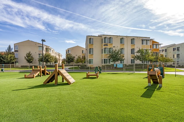 Dog park with agility equipment and buildings exterior at SOL at West Village in Davis Student Accommodation