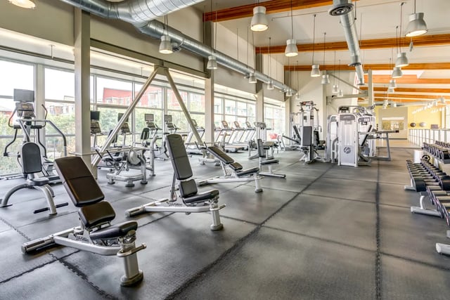 Weights machines treadmills and benches gym interior at SOL at West Village in Davis Student Accommodation