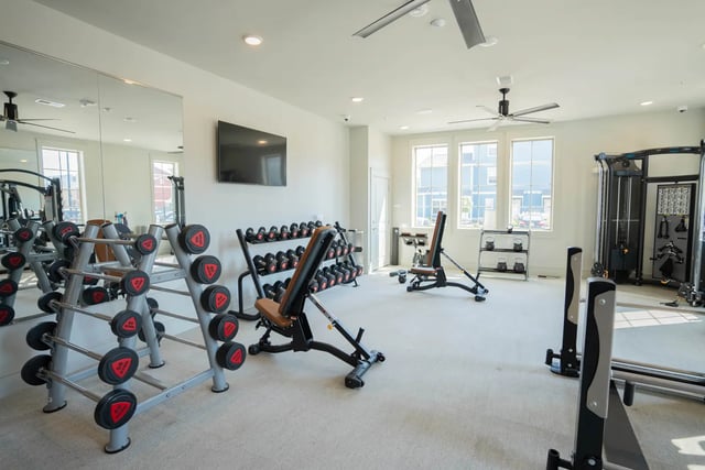 Weight racks benches and cable machine fitness room at The Retreat at Illinois in Urbana Student Accommodation