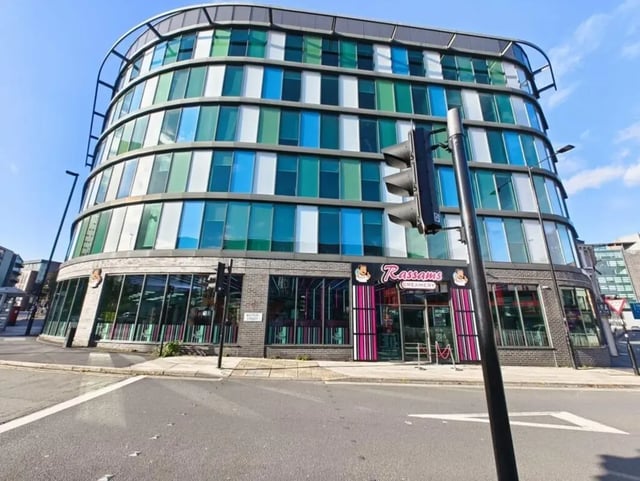 Modern building with colorful windows exterior at London court in Sheffield Student Accommodation