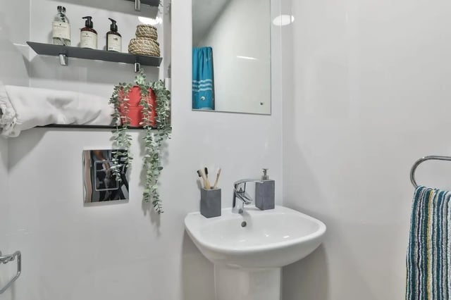 Sink soap dispenser toothbrushes towels plant bathroom at 140 New Walk Leicester in Leicester Student Accommodation