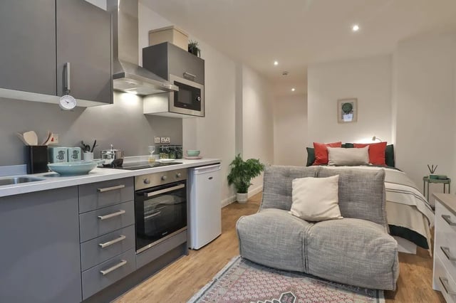Kitchen sofa bed and artwork studio apartment at 140 New Walk Leicester in Leicester Student Accommodation