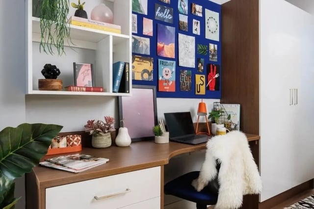 Desk with laptop shelf and pinboard study area at Sugarhouse in Edinburgh Student Accommodation