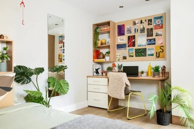 Desk plants mirror and bulletin board study area at Kelvin Court in Glasgow Student Accommodation