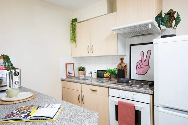 Kitchen with microwave oven sink cabinets and fridge kitchen at Clodien House in Cardiff Student Accommodation